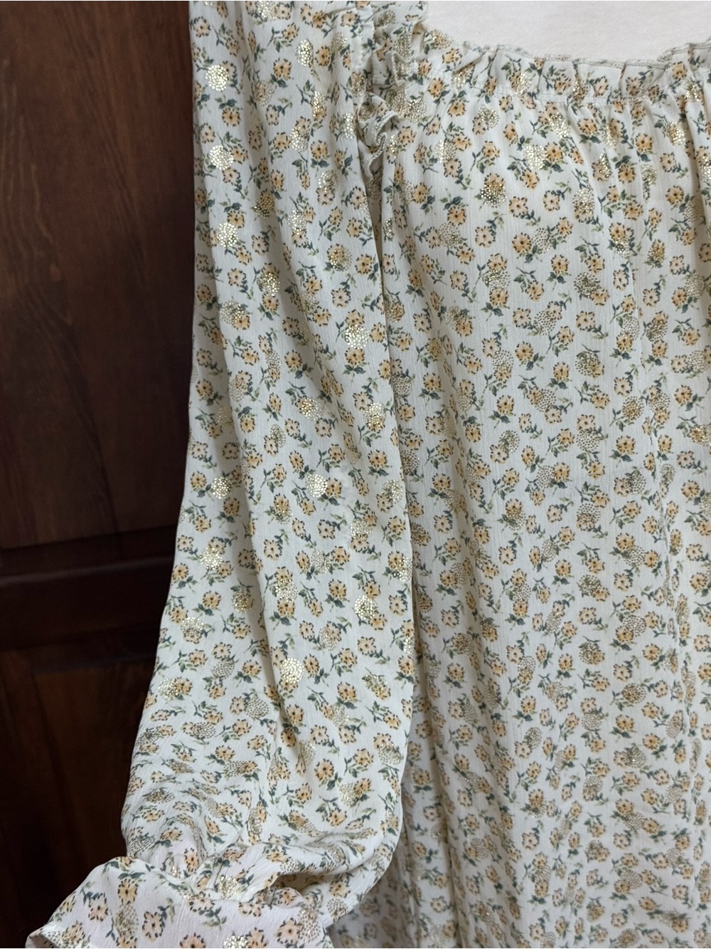GiGiO Peasant Blouse Floral Square Neck Ruffle Small Metallic Lurex Boho Top S-L - Picture 4 of 7